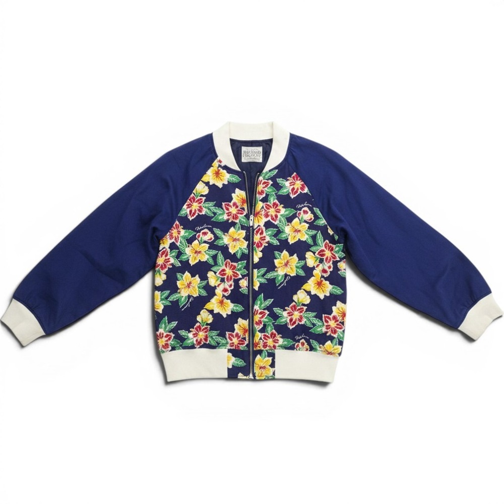 Rodeo Crowns Bomber Jacket Womens S Tropical Hibiscus Floral Navy Blue EUC